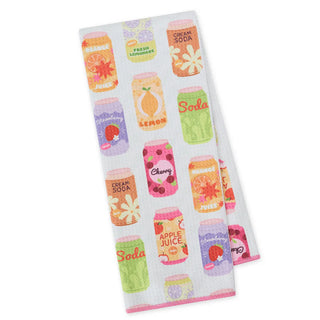 Kitchen towel with colorful drink can designs on a white background