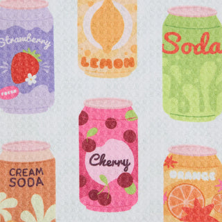Pattern of colorful soda cans with fruit flavors on a light background