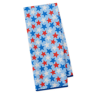 Folded towel with red, blue, and white star pattern on a white background