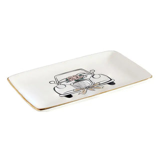 Rectangular white plate with a black car illustration and gold rim on a white background