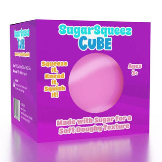 Purple box of SugarSqueeze Cube with pink ball and text on a white background