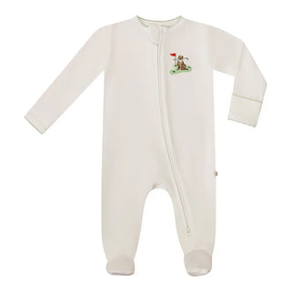 White baby onesie with a small design on a white background