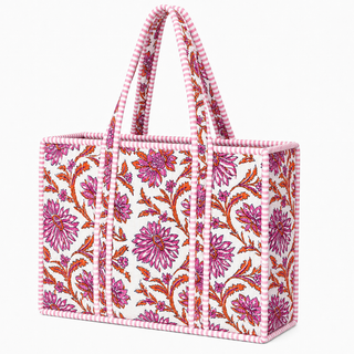 Large Spring Pink/Orange Floral Quilted Tote Bag