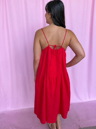 girl wearing a red dress