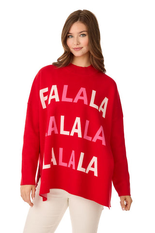 Woman wearing a red sweater with 'FALALA' text on a white background
