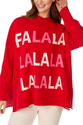 Red sweater with 'FALALA LALALA' text worn by a person on a white background
