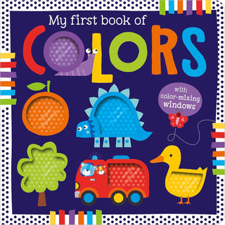 Book cover of 'My first book of colors' with colorful text and animal illustrations on a dark blue background.