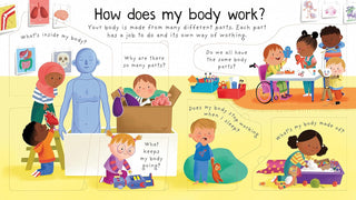 Educational children's book page about the human body with illustrations of children and text.