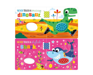 Children's book with dinosaur and shark illustrations on a white background