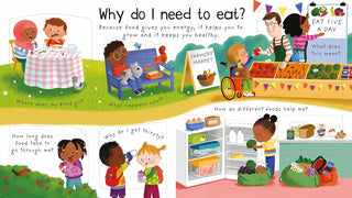 Children's book page about eating habits with illustrations of children and food.