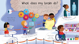 Illustration of children exploring a brain exhibit with educational text about the brain's functions.