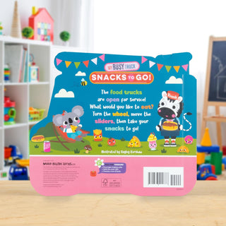 Children's book with a colorful cover featuring animals and food items, set against a background of toys and a whiteboard.