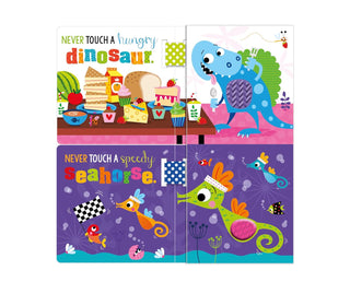 Children's book with colorful illustrations of a dinosaur and seahorse on a white background