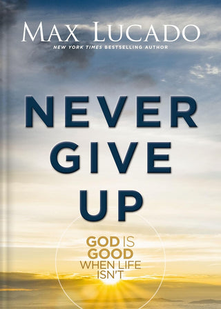 Book cover with 'Never Give Up' text and Max Lucado's name on a sky background