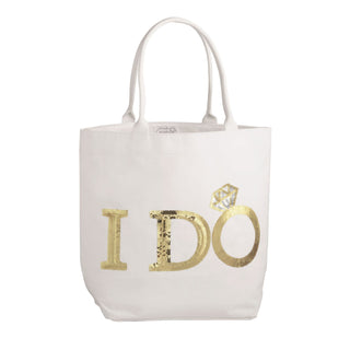 White tote bag with 'I DO' text in gold sequins on a white background