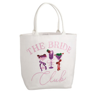 White tote bag with 'The Bride Club' text and cocktail graphics on a white background