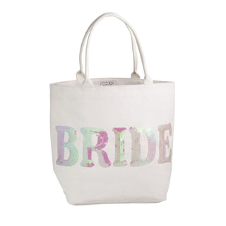 White tote bag with 'BRIDE' in colorful letters on a white background