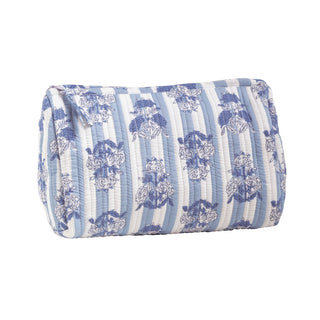 Blue and white striped pouch with floral patterns on a white background