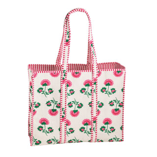 Tote bag with floral pattern and red checkered trim on a white background