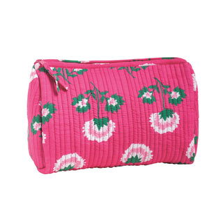 Pink pouch with floral pattern on a white background