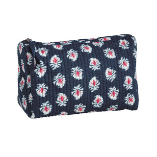 Navy blue pouch with floral pattern on a white background