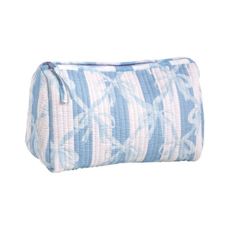 Blue and white patterned toiletry bag on a white background