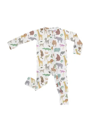 A long-sleeve baby footed one-piece pajama with an all-over safari animal print on a white background.