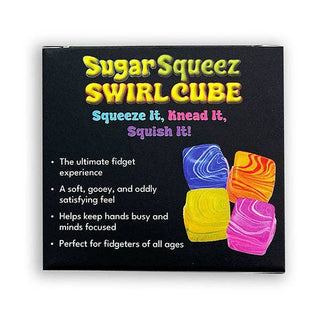 A square black product box for 'Sugar Squeez Swirl Cube' fidget toys, featuring colorful illustrations of blue, yellow, orange, and pink swirled cubes on a black background with yellow and pink text.
