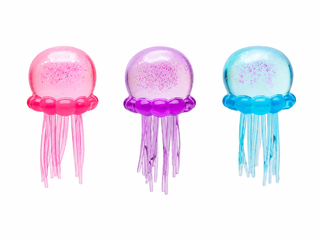 Three jellyfish-shaped decorative items in pink, purple, and blue, arranged side by side on a plain white background.