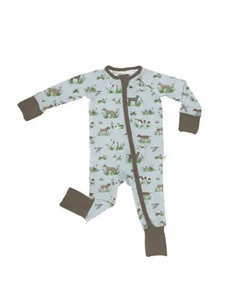 Baby onesie with animal pattern on a white background