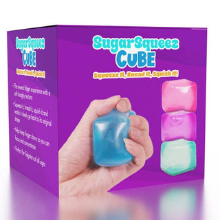 Purple packaging of SugarSqueeze Cube with a hand holding a blue cube and images of other colored cubes.
