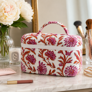 Spring Pink/Orange Floral Quilted Vanity Cosmetic Bag