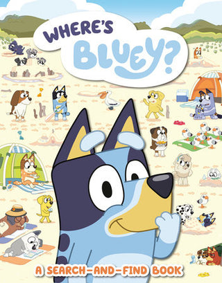 Book cover of 'Where's Bluey?' with Bluey the dog and search-and-find illustrations.