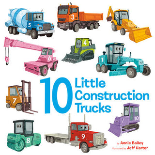 Illustrated book cover of '10 Little Construction Trucks' with colorful toy trucks on a white background.