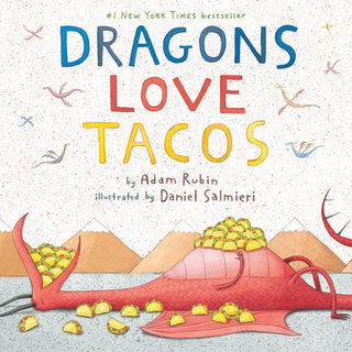 Book cover of 'Dragons Love Tacos' with a red dragon eating tacos on a light gray background.