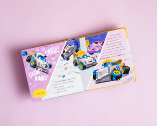 Children's book with illustrations of toy cars on a pink background