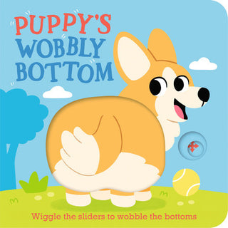 Children's book cover titled 'Puppy's Wobbly Bottom' with a cartoon dog on a blue background.