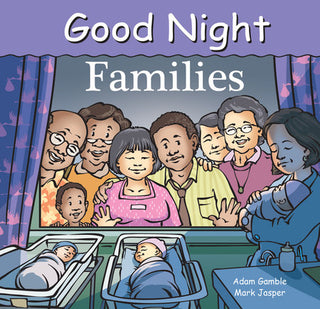 Book cover of 'Good Night Families' with a family illustration and two babies in cribs.