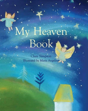 Book cover of 'My Heaven Book' with illustrations of children and angels against a starry night sky.