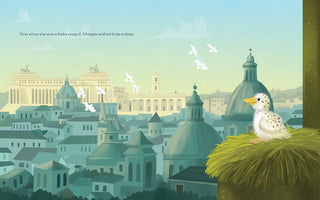 Illustration of a bird perched on a ledge overlooking a cityscape with domed buildings.