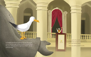 Illustration of a seagull standing on a rhinoceros with a podium and person in the background.