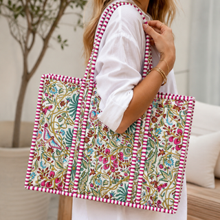 Large Pink Multicolor Floral Quilted Tote Bag
