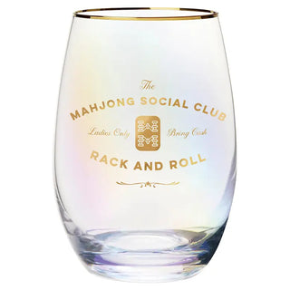 Clear glass with gold text and logo on a white background