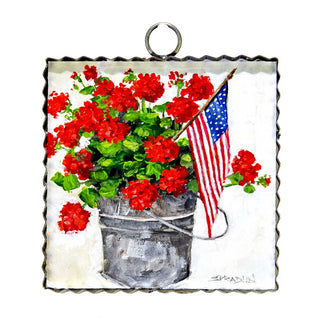 Decorative tile with red flowers and an American flag on a white background