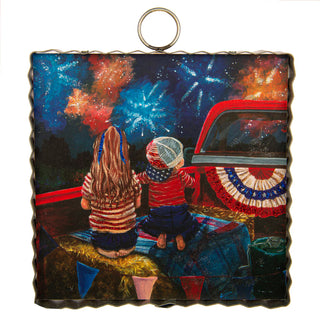Two children watching fireworks from a car with a decorated trunk on a white background.