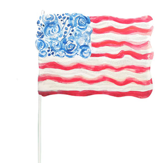 Decorative flag with blue floral design on a white background