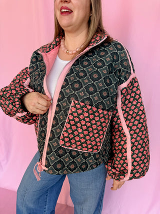 Patchwork Quilted Bomber Jacket- Curvy