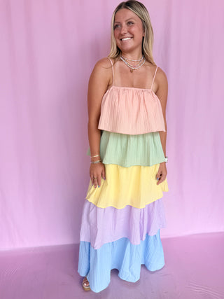 Tiered Pleat Maxi Dress