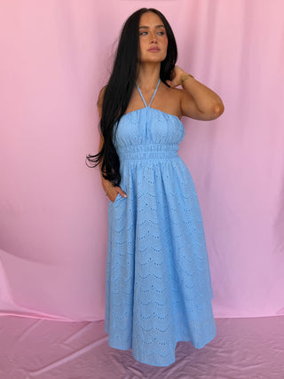 woman wearing a blue dress