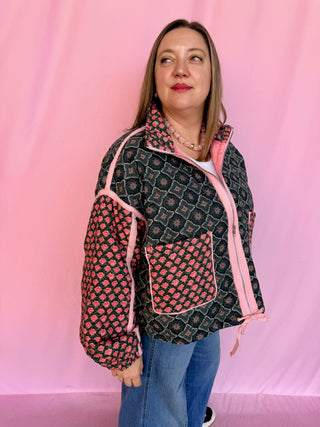 Patchwork Quilted Bomber Jacket- Curvy